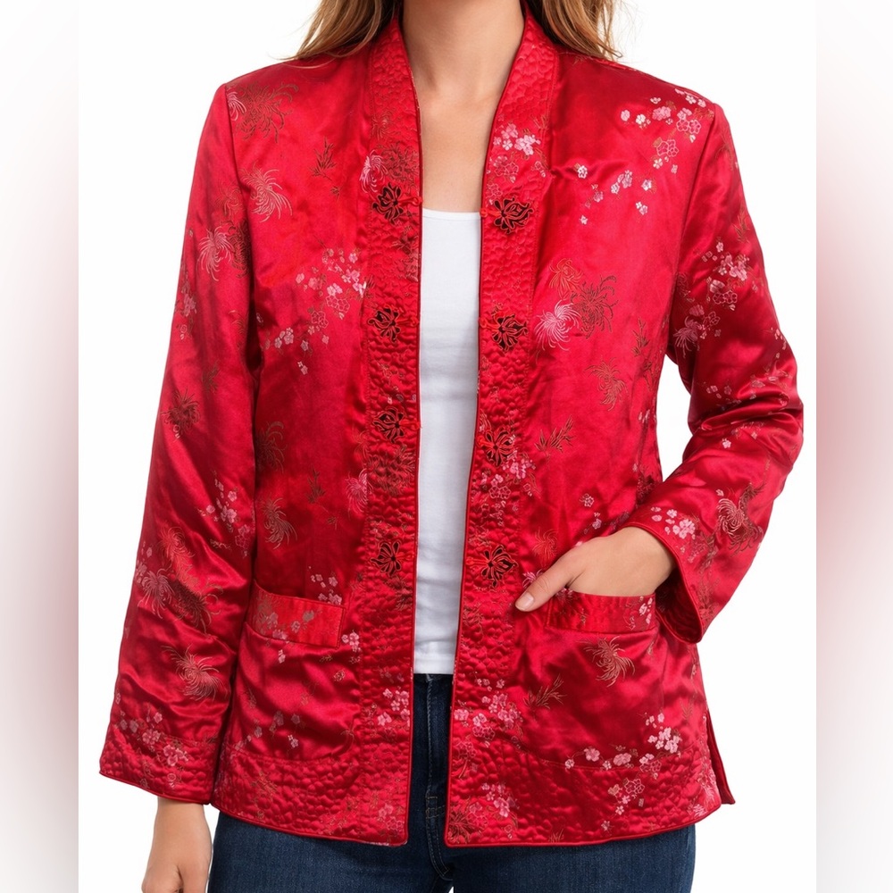 Chinese style, Reversible Red Satin Floral Embroidered Jacket